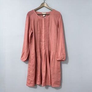 Sundance Linen Dress XL Coral Pintuck Drop-Waist Long Sleeve Side Seam Pockets
